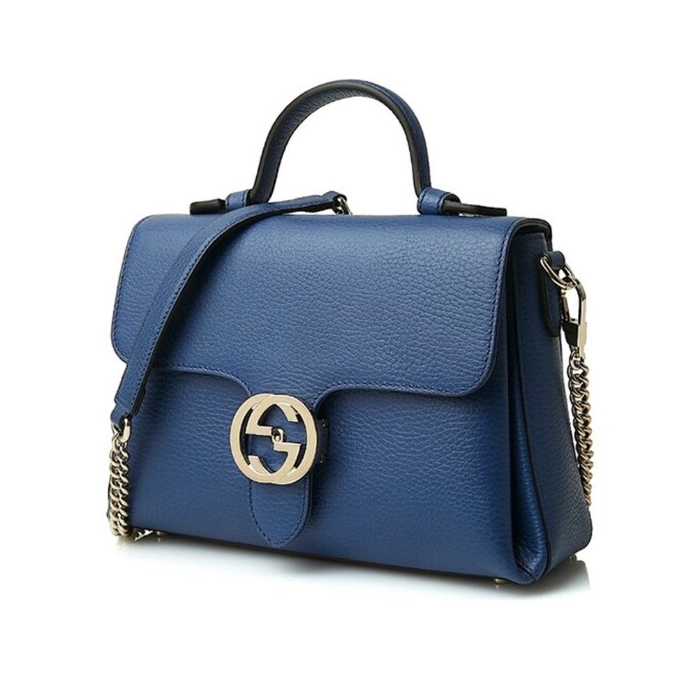 【GUCCI 古馳】510302 經典雙G LOGO荔枝紋全皮單鍊肩背/斜背包/手提兩用包 (藍色)