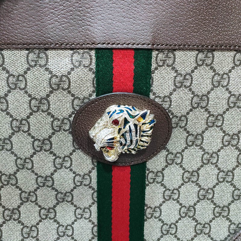 【GUCCI 古馳】537219 經典GG LOGO帆布Rajah系列水鑽虎頭托特包(棕色)
