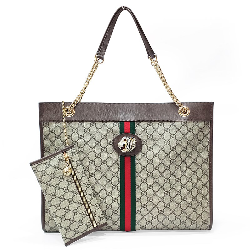 【GUCCI 古馳】537219 經典GG LOGO帆布Rajah系列水鑽虎頭托特包(棕色)