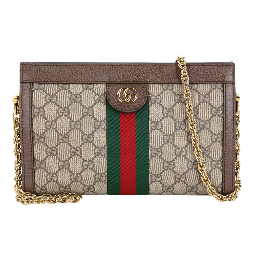 【GUCCI 古馳】503877 經典Ophidia系列GG帆布印花雙色織帶皮革飾邊磁釦開口手拿/肩背鍊包(棕色)