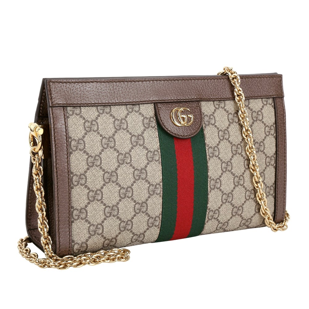 【GUCCI 古馳】503877 經典Ophidia系列GG帆布印花雙色織帶皮革飾邊磁釦開口手拿/肩背鍊包(棕色)