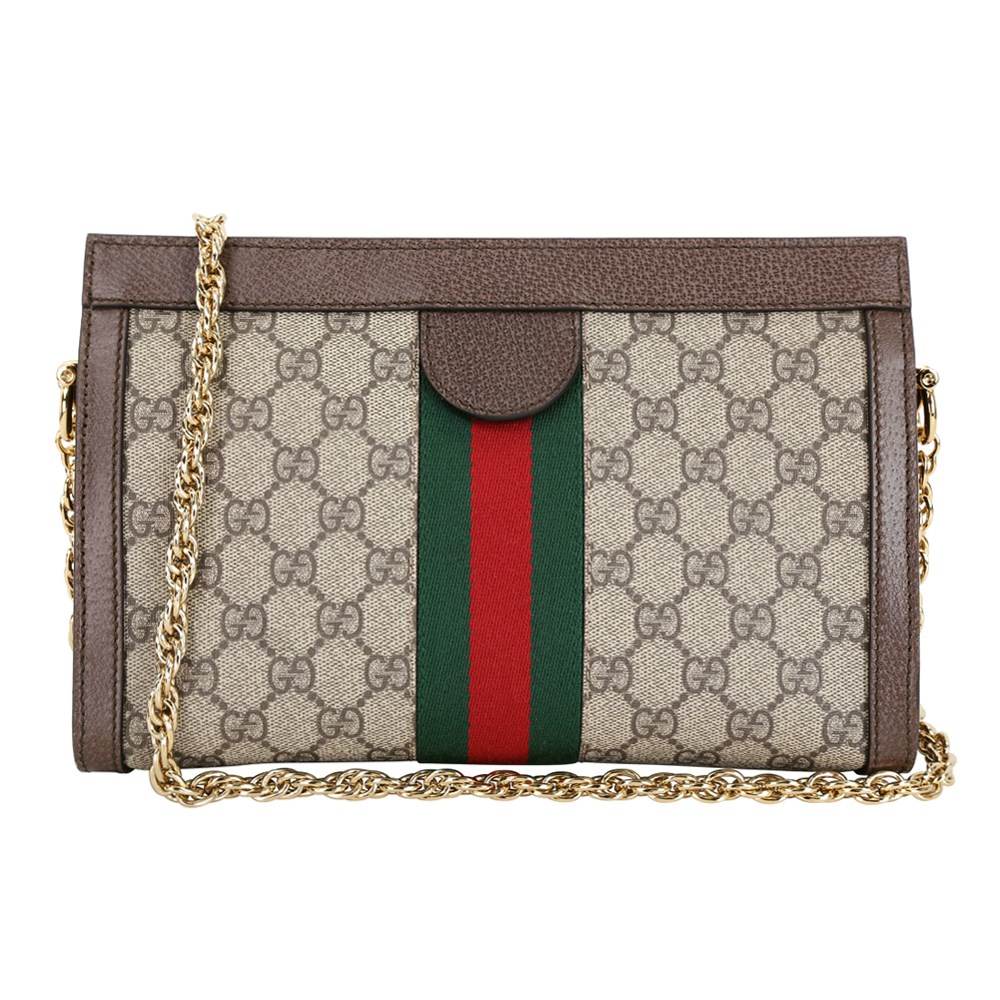 【GUCCI 古馳】503877 經典Ophidia系列GG帆布印花雙色織帶皮革飾邊磁釦開口手拿/肩背鍊包(棕色)