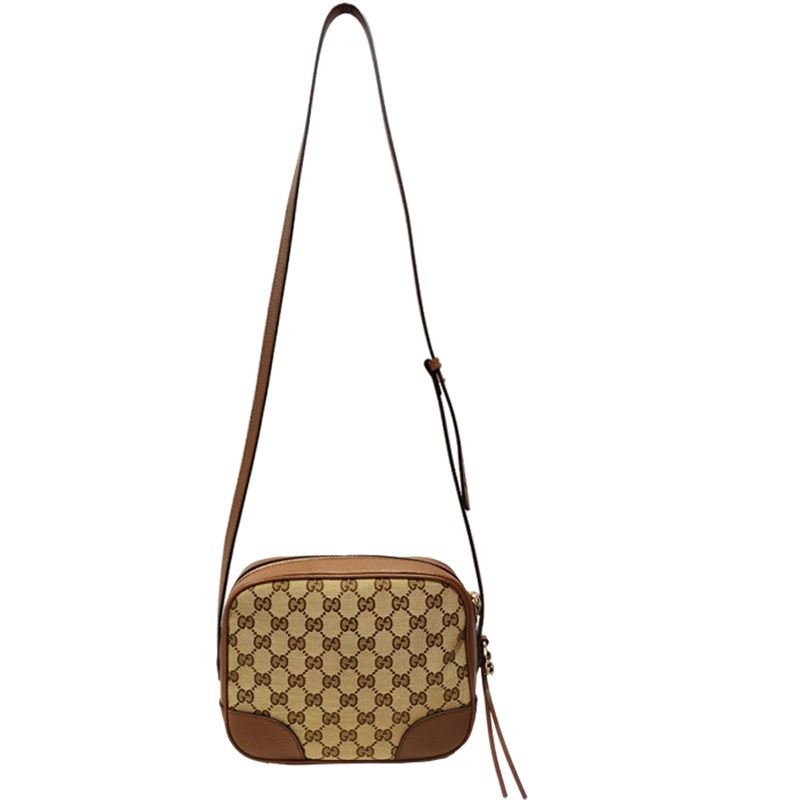 【GUCCI 古馳】449413 經典GG LOGO緹花布牛皮飾邊肩背相機包(棕色)