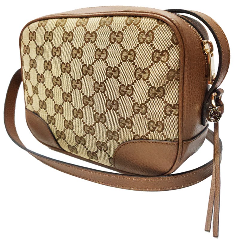 【GUCCI 古馳】449413 經典GG LOGO緹花布牛皮飾邊肩背相機包(棕色)