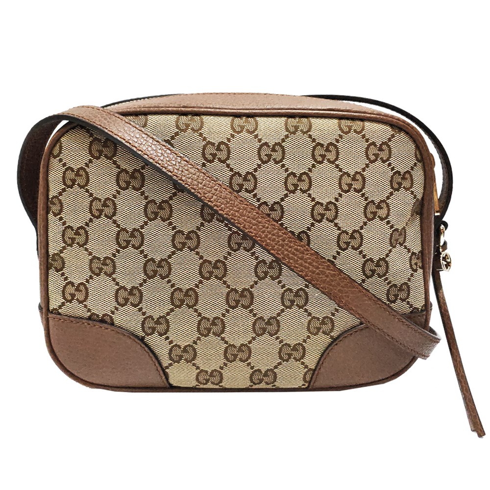 【GUCCI 古馳】449413 經典GG LOGO緹花布牛皮飾邊肩背相機包(棕色)