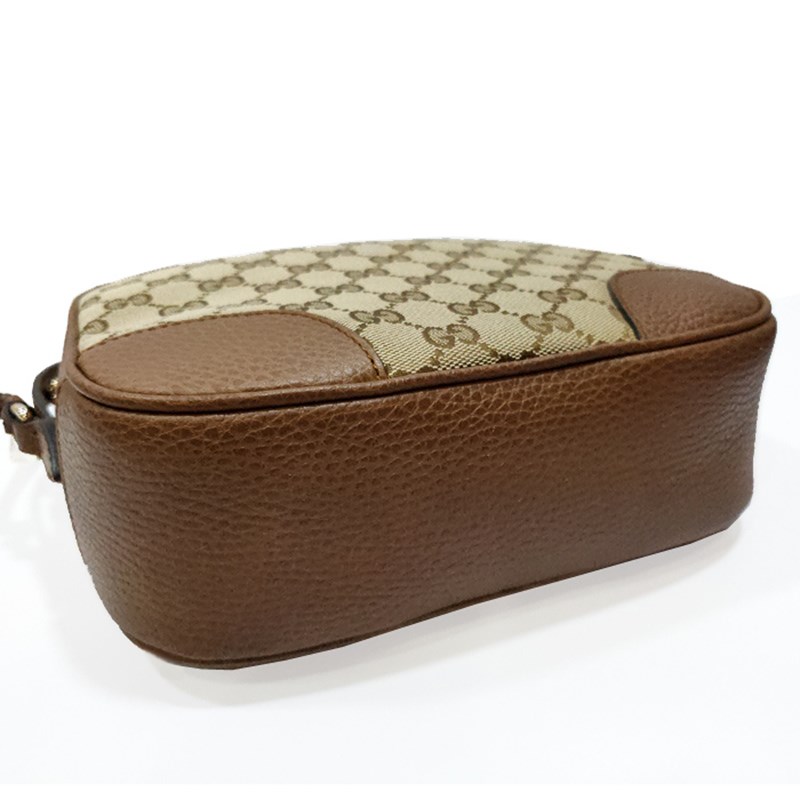 【GUCCI 古馳】449413 經典GG LOGO緹花布牛皮飾邊肩背相機包(棕色)