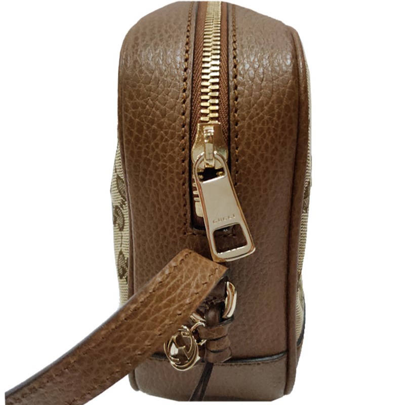 【GUCCI 古馳】449413 經典GG LOGO緹花布牛皮飾邊肩背相機包(棕色)