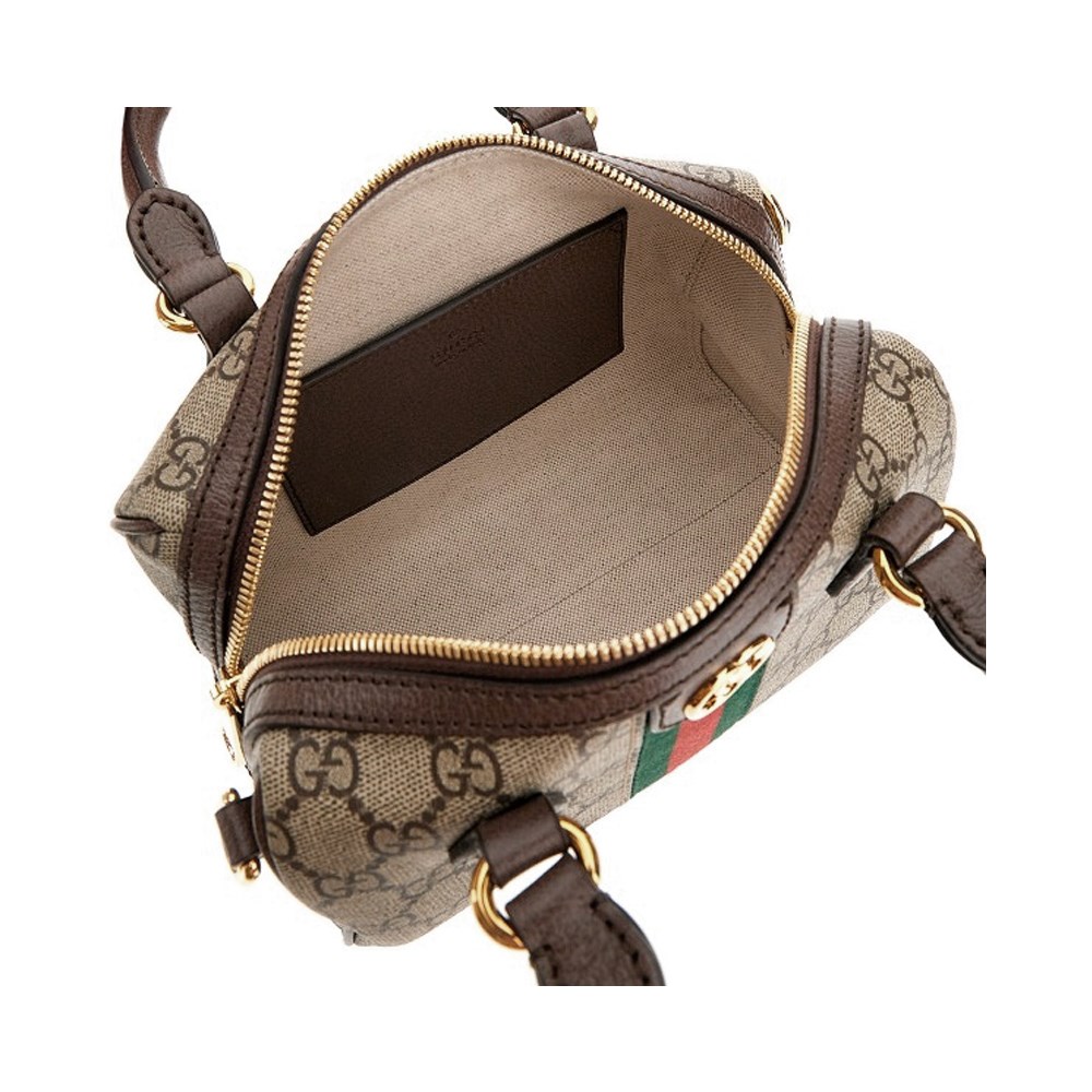 【GUCCI 古馳】772053 經典ophidia系列GG supreme牛皮拉鍊迷你speedy翻蓋肩背/斜背波士頓包(棕色)