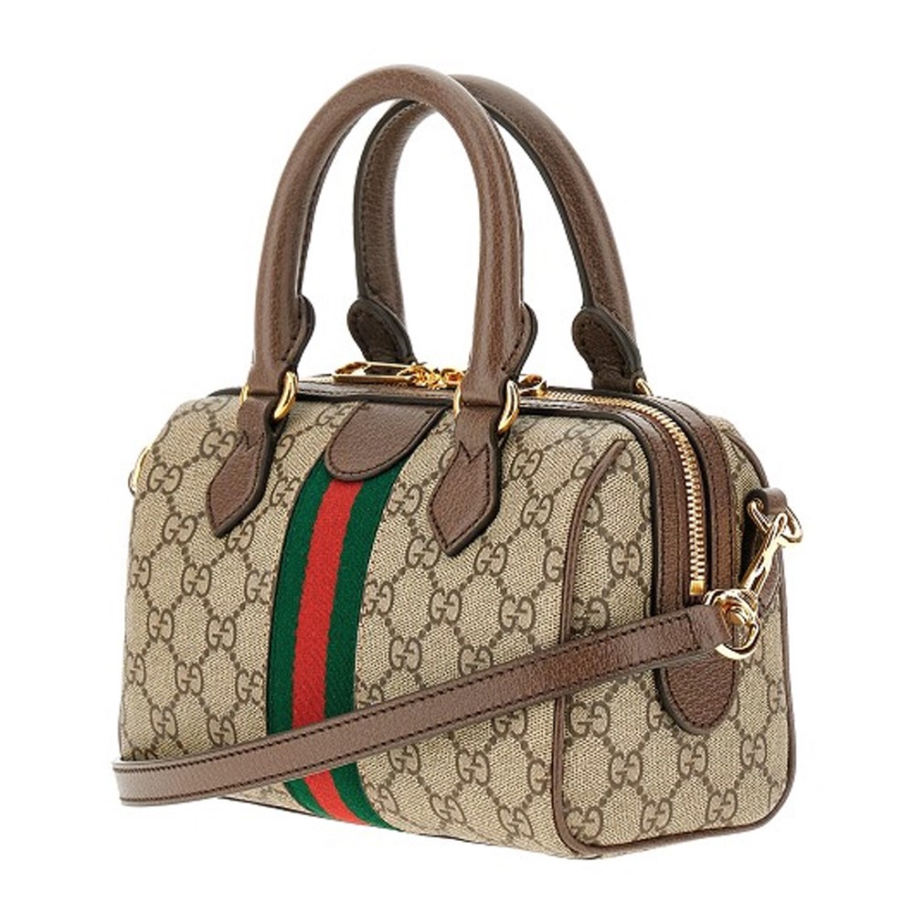 【GUCCI 古馳】772053 經典ophidia系列GG supreme牛皮拉鍊迷你speedy翻蓋肩背/斜背波士頓包(棕色)