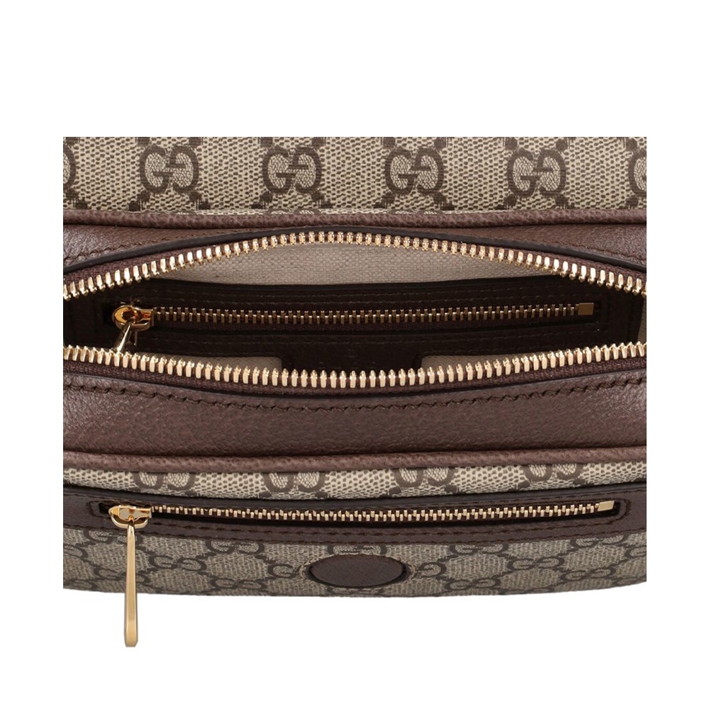 【GUCCI 古馳】772239 經典ophidia系列GG supreme牛皮拉鍊迷你翻蓋肩背/斜背包(棕色)