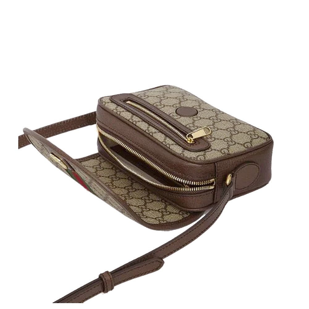 【GUCCI 古馳】772239 經典ophidia系列GG supreme牛皮拉鍊迷你翻蓋肩背/斜背包(棕色)