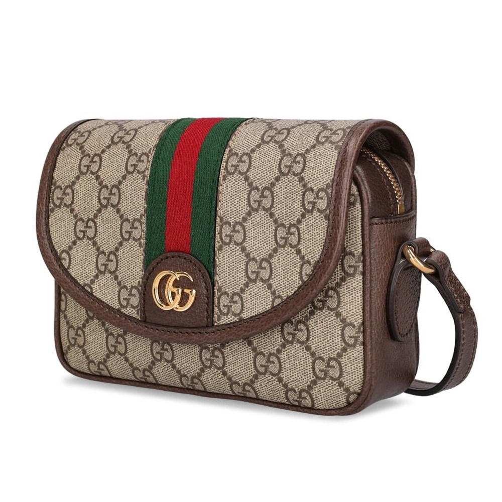 【GUCCI 古馳】772239 經典ophidia系列GG supreme牛皮拉鍊迷你翻蓋肩背/斜背包(棕色)