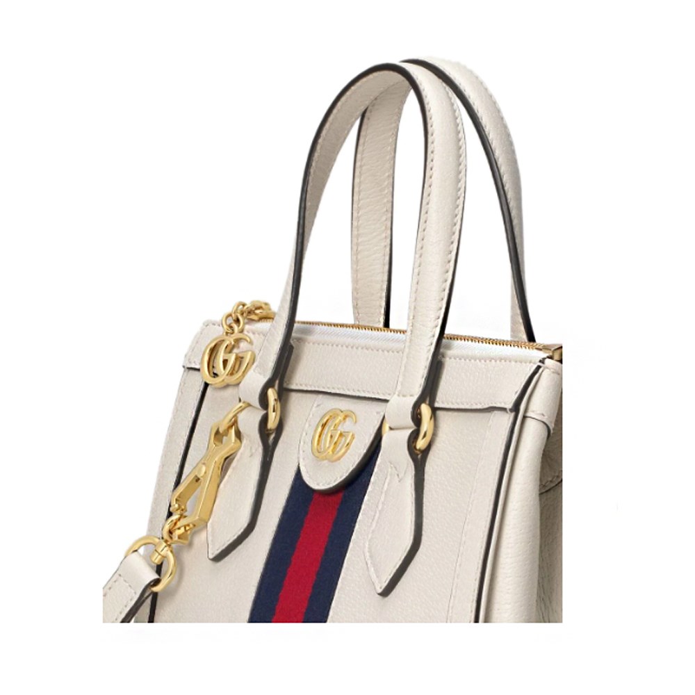 【GUCCI 古馳】719882 經典Ophidia系列藍紅藍織帶皮革飾邊手提/斜背兩用包(白色)
