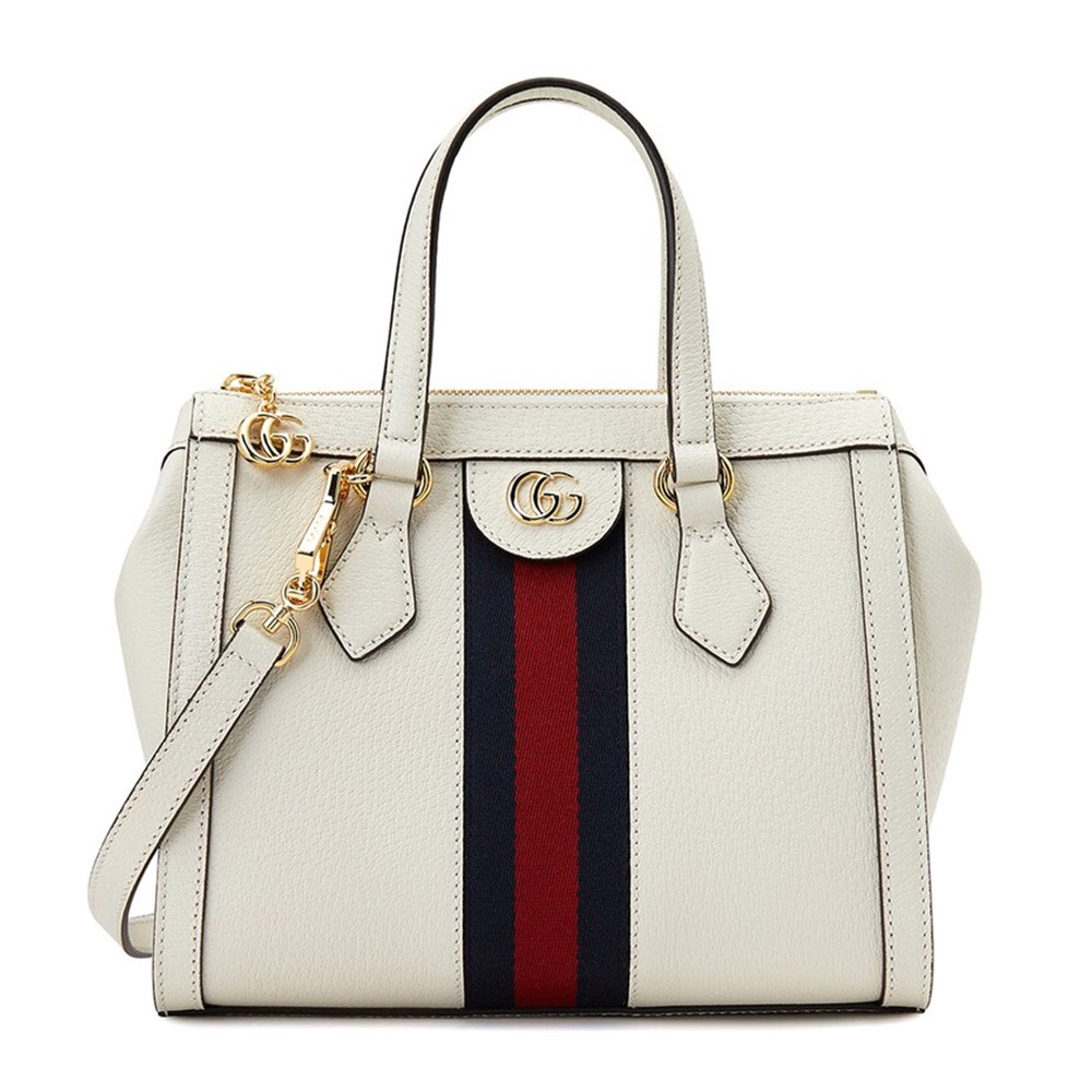 【GUCCI 古馳】719882 經典Ophidia系列藍紅藍織帶皮革飾邊手提/斜背兩用包(白色)