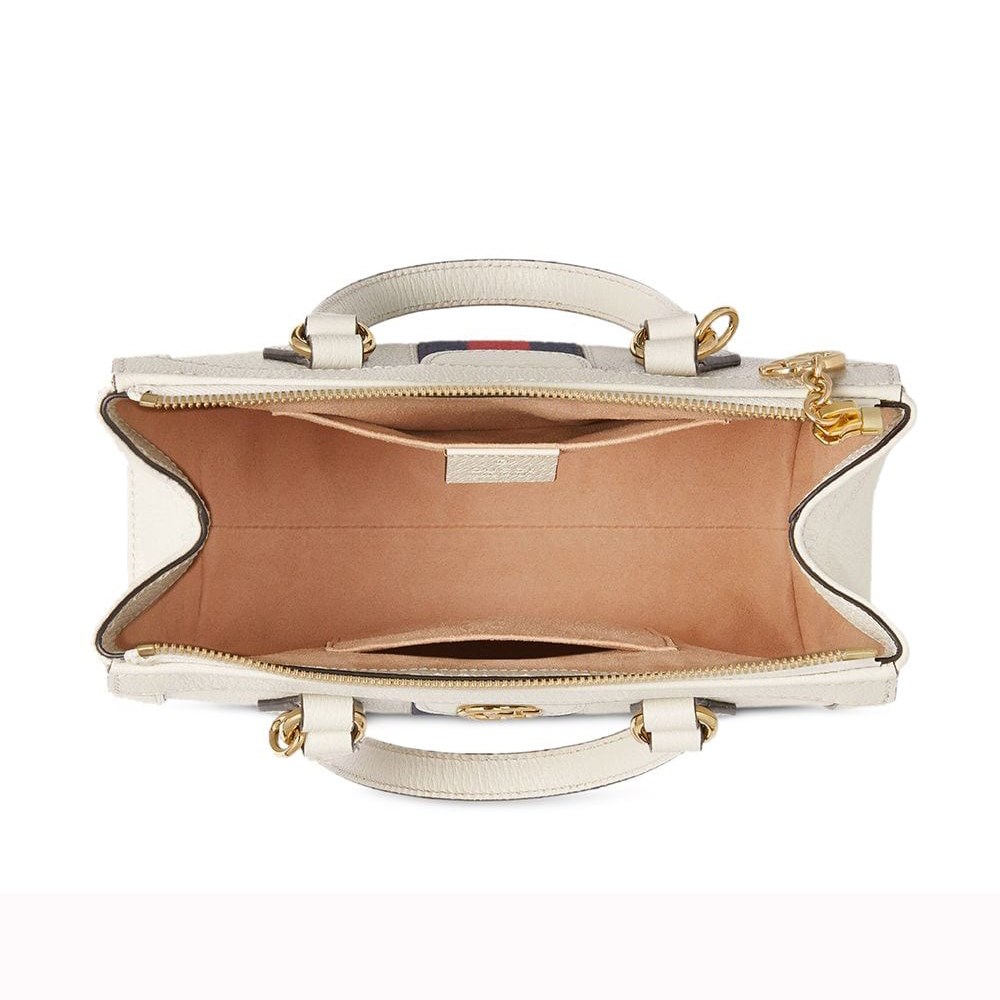 【GUCCI 古馳】719882 經典Ophidia系列藍紅藍織帶皮革飾邊手提/斜背兩用包(白色)