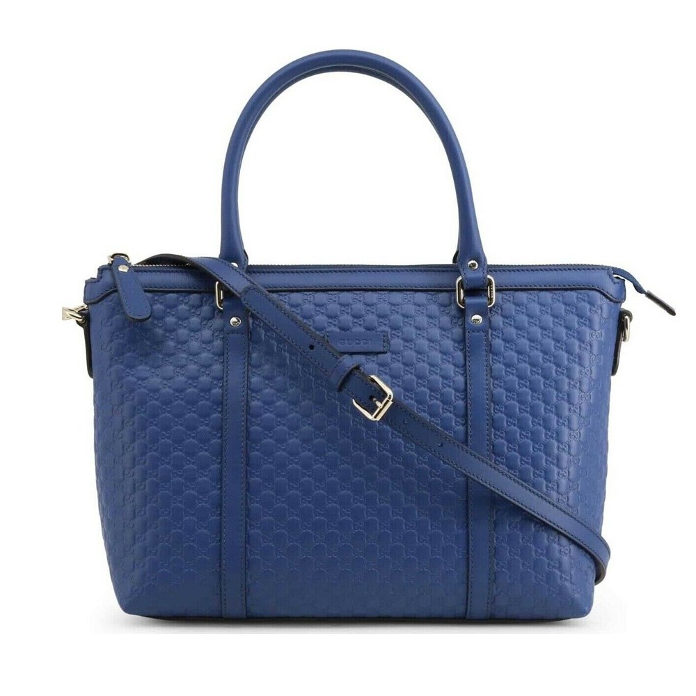 【GUCCI 古馳】449656 經典Guccissima壓紋皮革手提斜背兩用托特包(藍色)