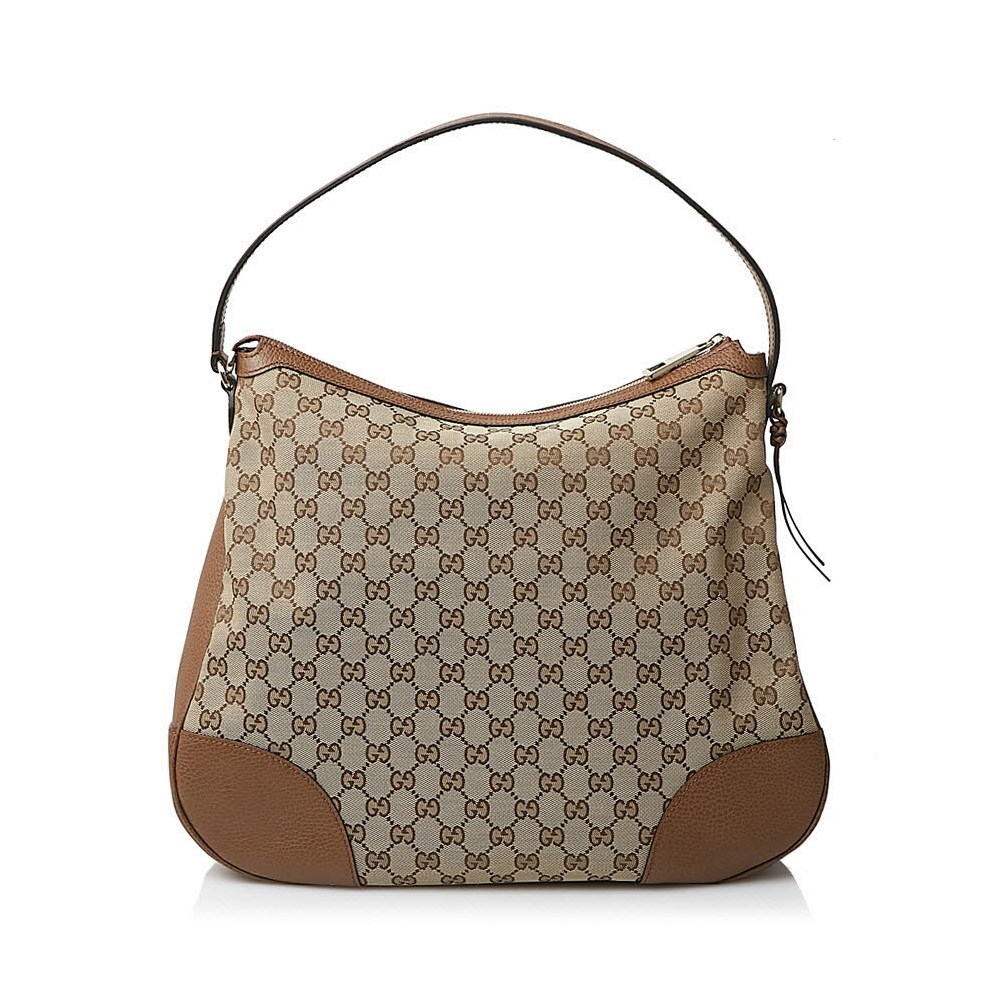 【GUCCI 古馳】449244 經典雙G緹花皮革飾邊腋下包/手提/肩背包(棕色)