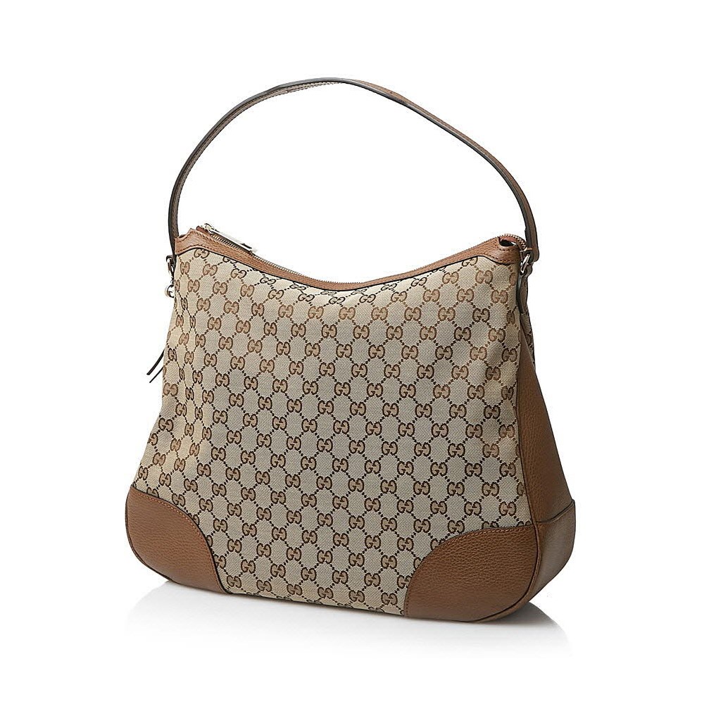 【GUCCI 古馳】449244 經典雙G緹花皮革飾邊腋下包/手提/肩背包(棕色)