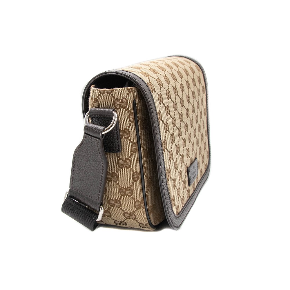 【GUCCI 古馳】449172 經典雙G LOGO牛皮飾邊方形翻蓋斜背包(棕色)