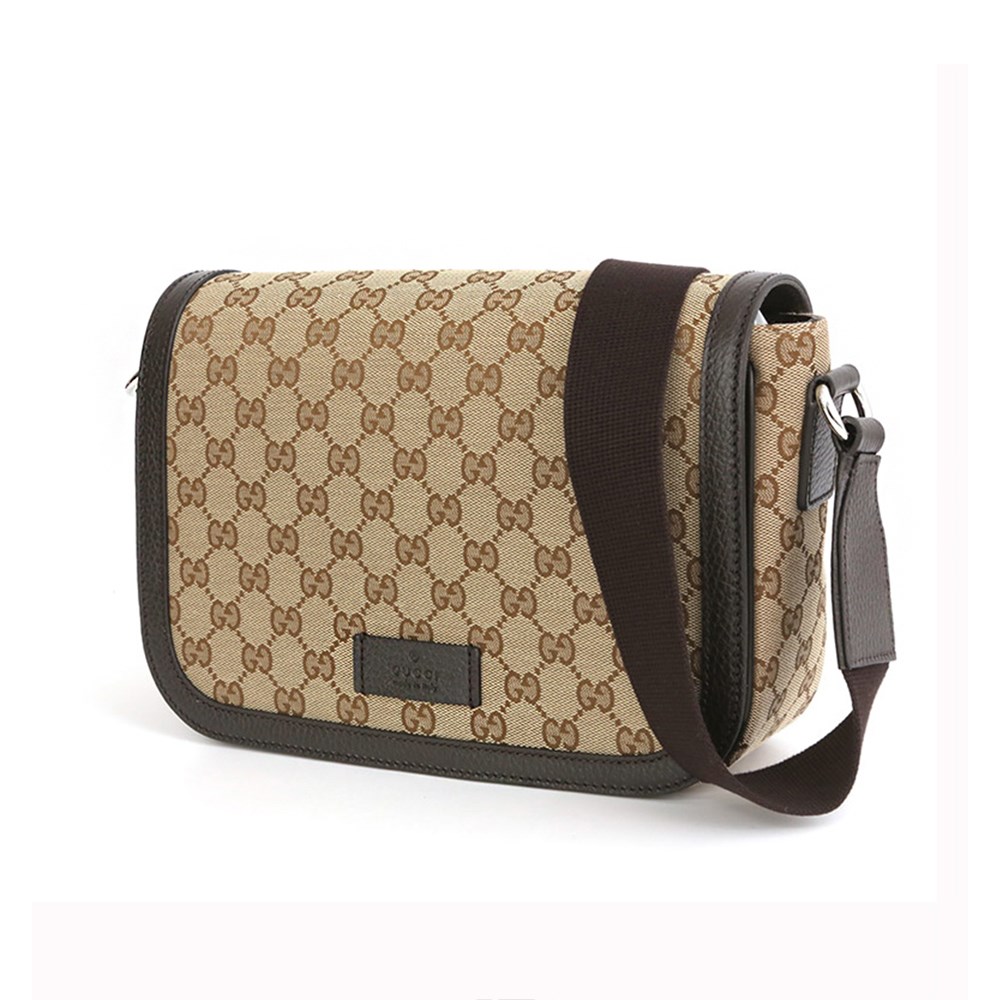 【GUCCI 古馳】449172 經典雙G LOGO牛皮飾邊方形翻蓋斜背包(棕色)
