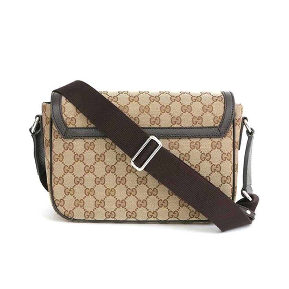 【GUCCI 古馳】449172 經典雙G LOGO牛皮飾邊方形翻蓋斜背包(棕色)