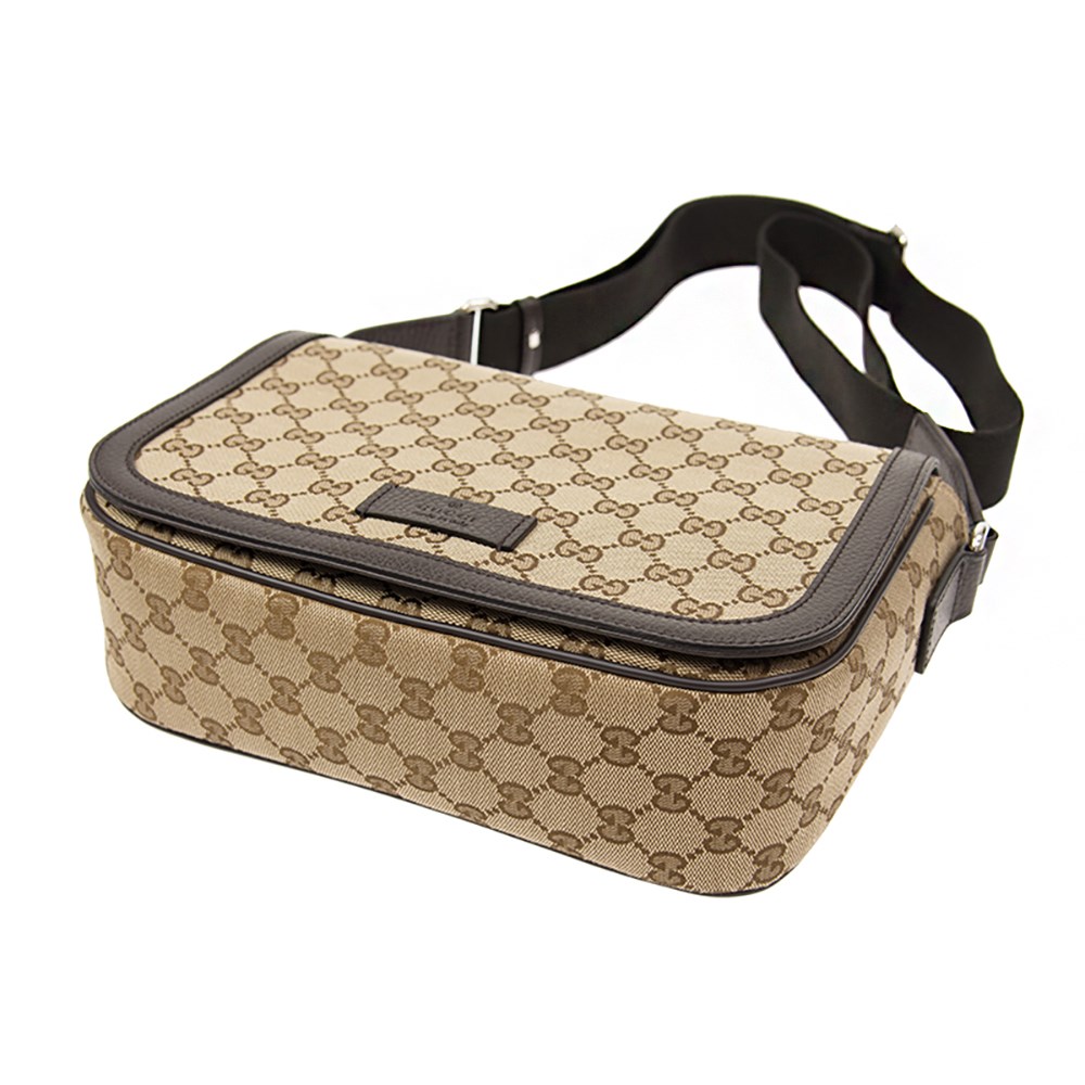 【GUCCI 古馳】449172 經典雙G LOGO牛皮飾邊方形翻蓋斜背包(棕色)