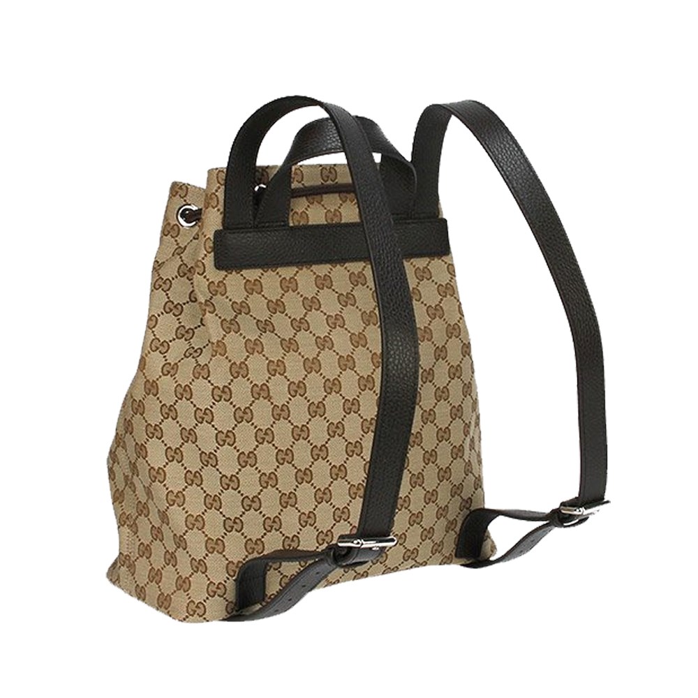 【GUCCI 古馳】449175 經典雙G LOGO牛皮飾邊束口後背包(棕色)