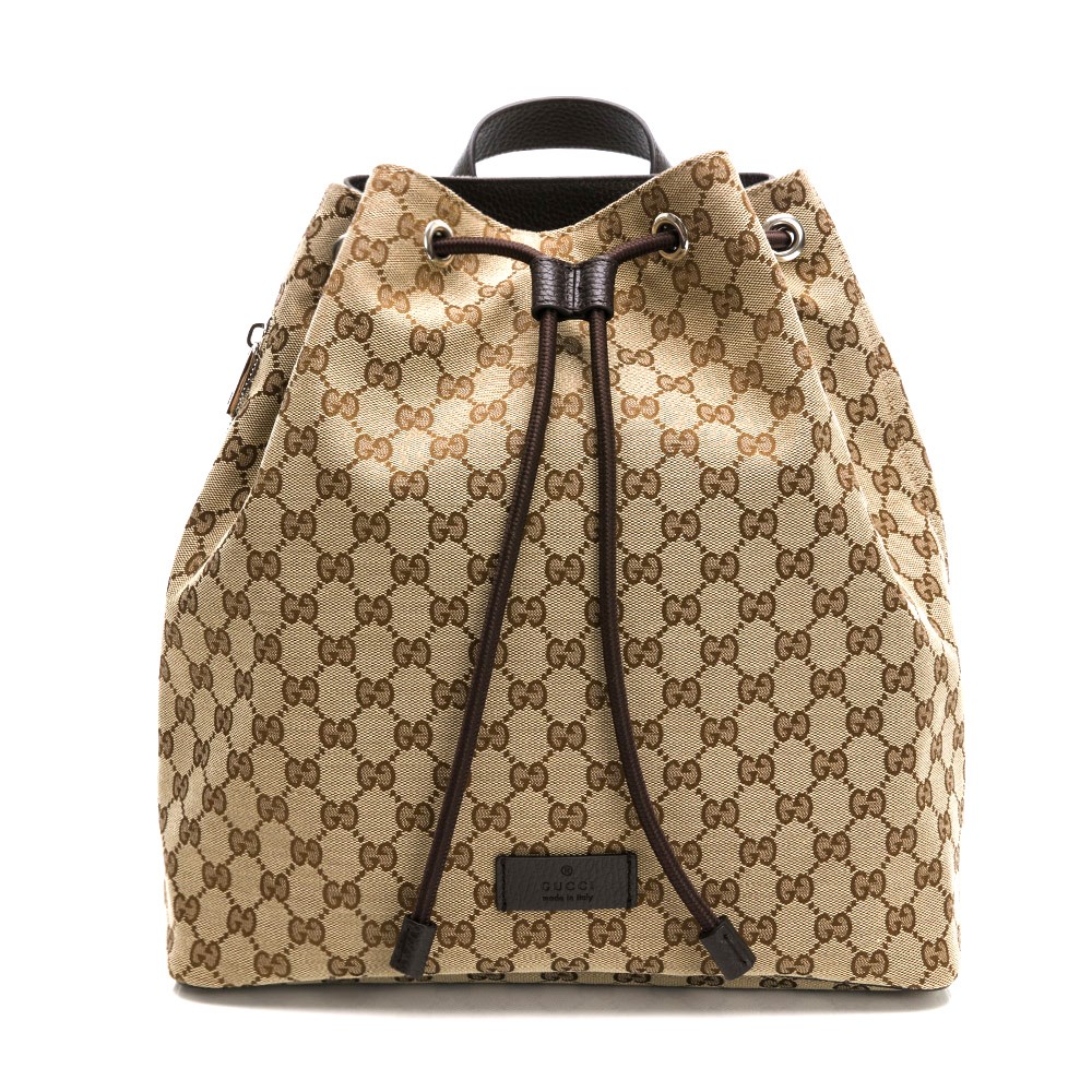 【GUCCI 古馳】449175 經典雙G LOGO牛皮飾邊束口後背包(棕色)