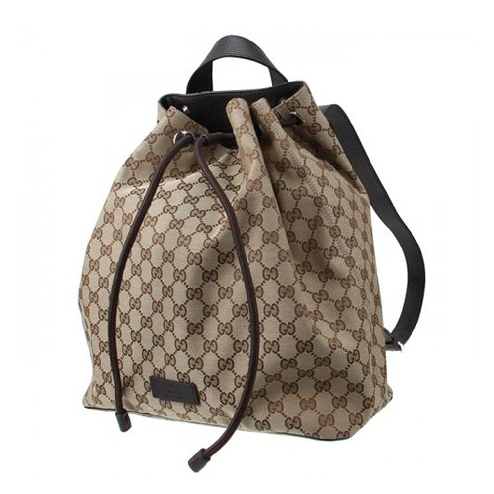 【GUCCI 古馳】449175 經典雙G LOGO牛皮飾邊束口後背包(棕色)