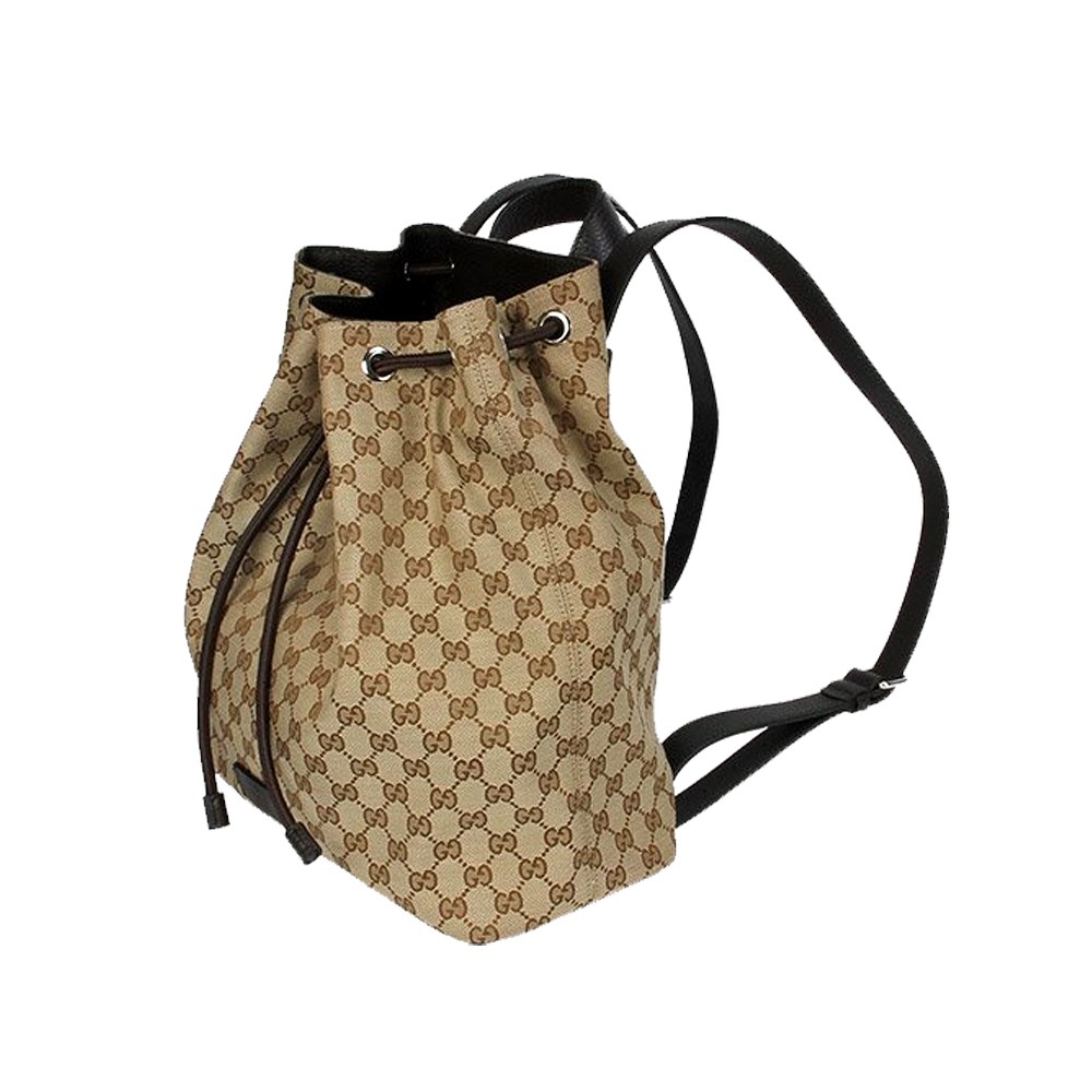 【GUCCI 古馳】449175 經典雙G LOGO牛皮飾邊束口後背包(棕色)