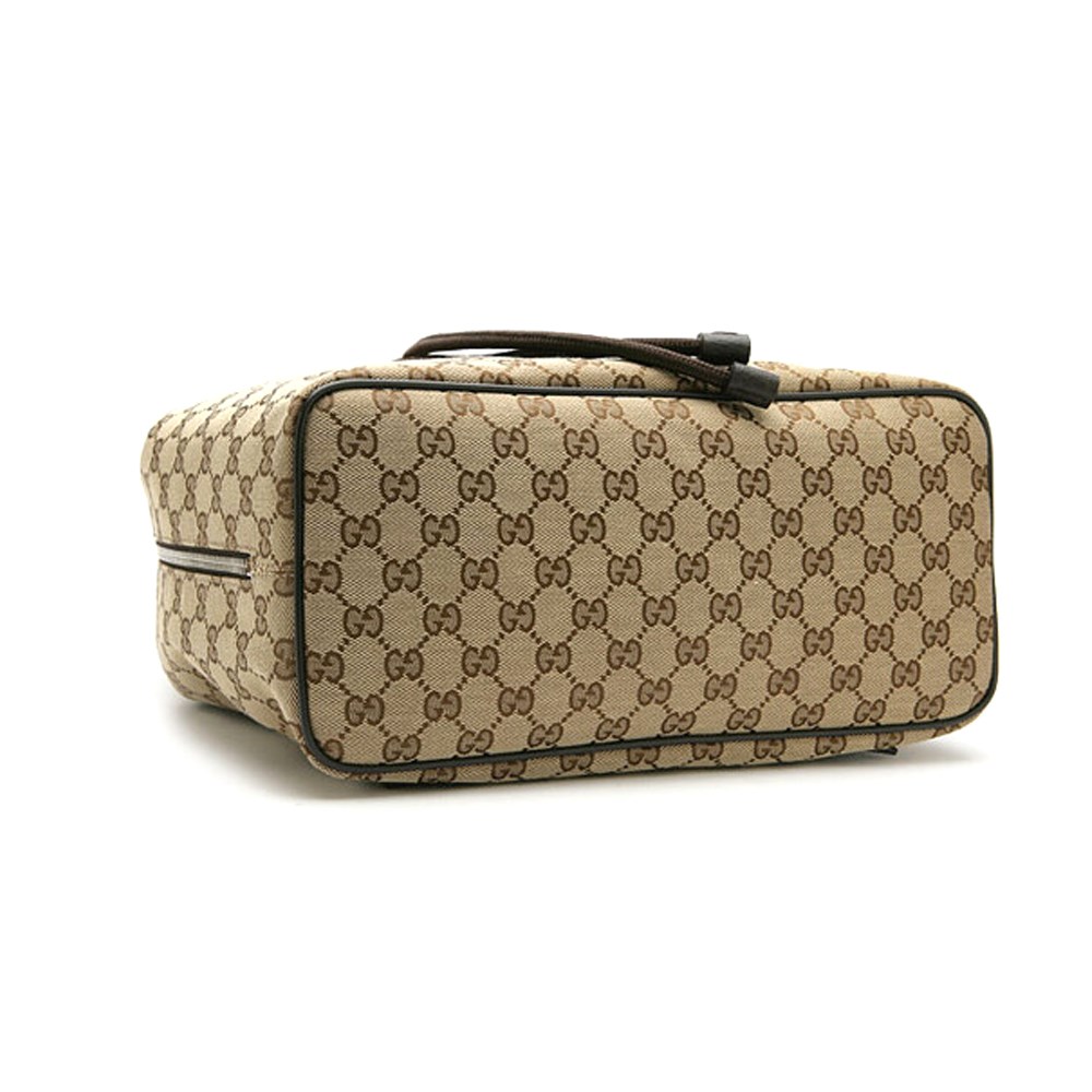 【GUCCI 古馳】449175 經典雙G LOGO牛皮飾邊束口後背包(棕色)