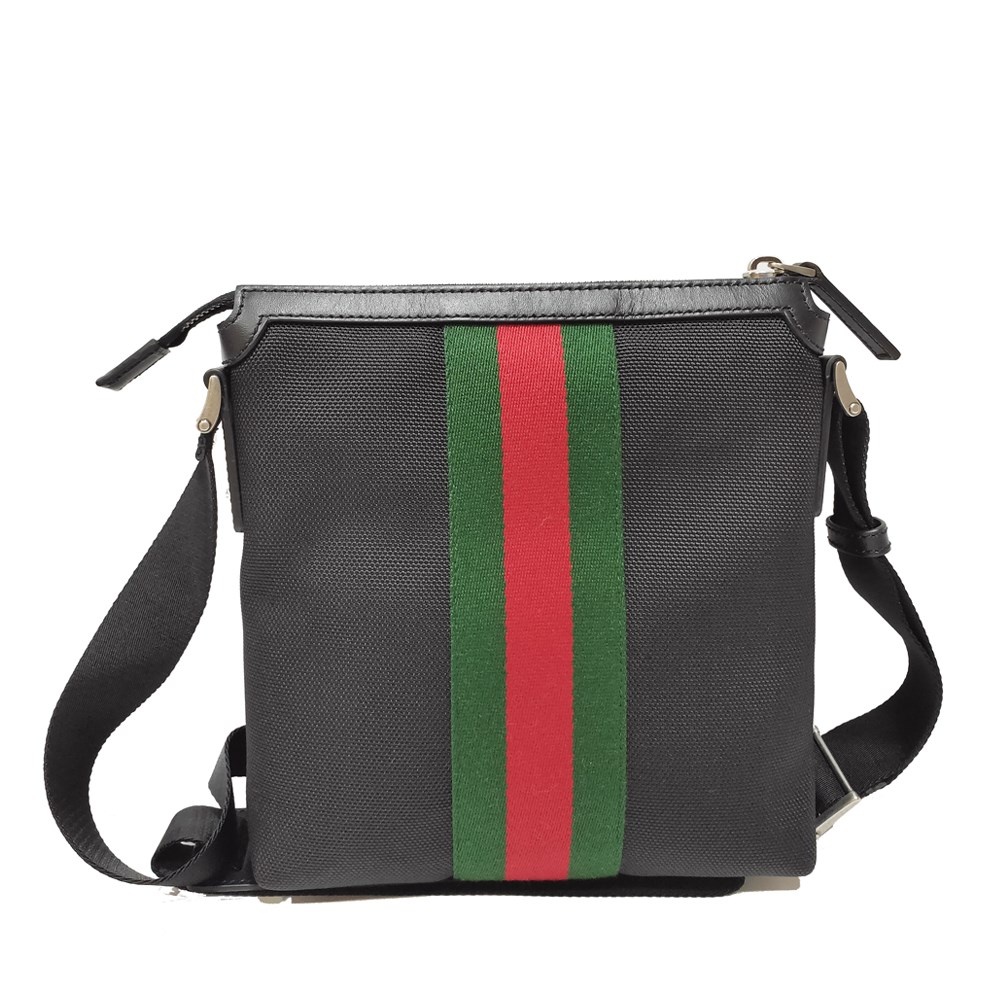 【GUCCI 古馳】631195 經典帆布織帶皮革飾邊中性款肩背/斜背包