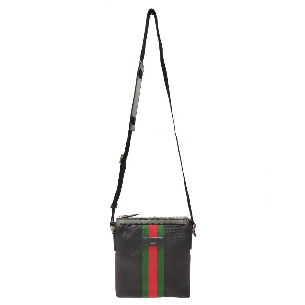 【GUCCI 古馳】631195 經典帆布織帶皮革飾邊中性款肩背/斜背包