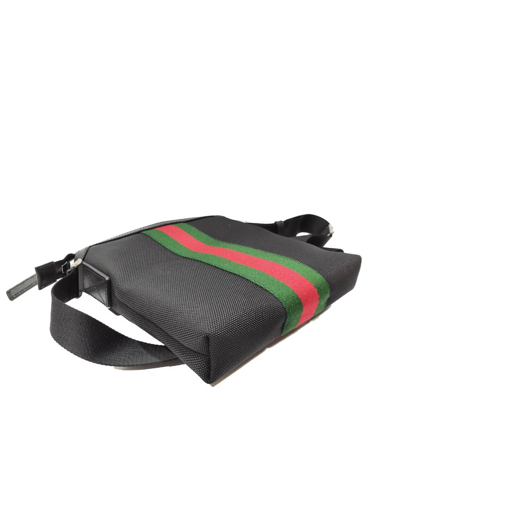 【GUCCI 古馳】631195 經典帆布織帶皮革飾邊中性款肩背/斜背包