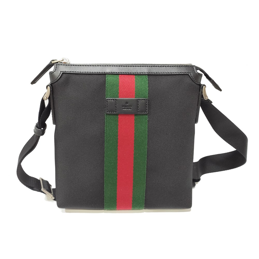 【GUCCI 古馳】631195 經典帆布織帶皮革飾邊中性款肩背/斜背包