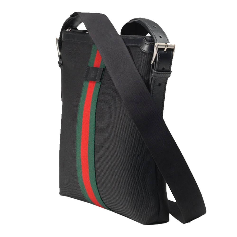 【GUCCI 古馳】631199 經典綠紅綠織帶拼接帆布斜背包(黑色)