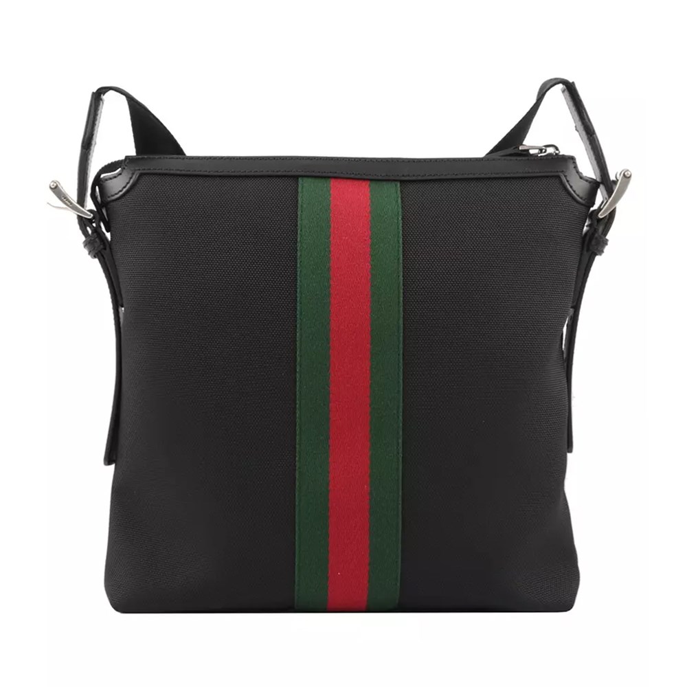 【GUCCI 古馳】631199 經典綠紅綠織帶拼接帆布斜背包(黑色)