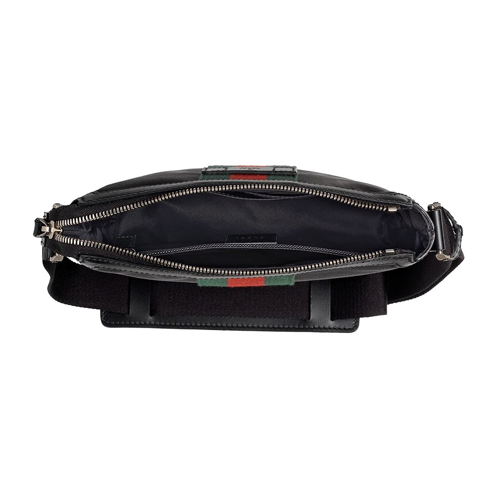 【GUCCI 古馳】631199 經典綠紅綠織帶拼接帆布斜背包(黑色)