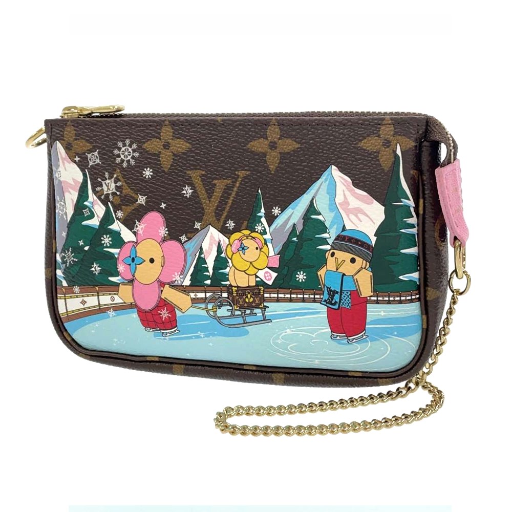 【Louis Vuitton 路易威登】M82623 限量2023聖誕系列MINI POCHETTE ACCESSOIRES內裡拼色鏈帶手拿包(粉色)