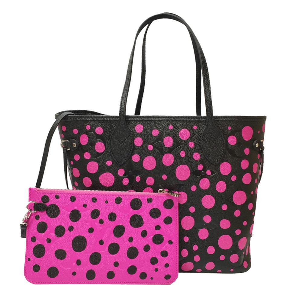 【Louis Vuitton 路易威登】M46419 草間彌生聯名款LV x YK系列Neverfull MM手提肩背子母購物包(桃紅色)