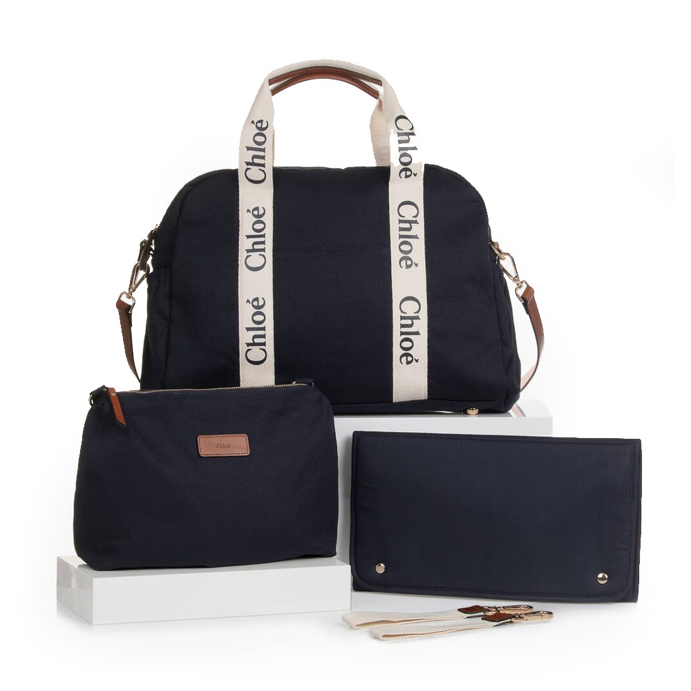 【Chloe’ 蔻依】CHC24SB20190859 經典CHANGING BAG棉帆布牛皮飾邊手提斜肩媽媽包(黑色)