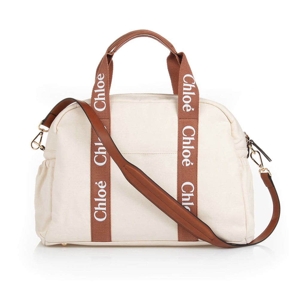【Chloe’ 蔻依】CHC24SB20190148 經典CHANGING BAG棉帆布牛皮飾邊手提斜肩媽媽包(米白色)