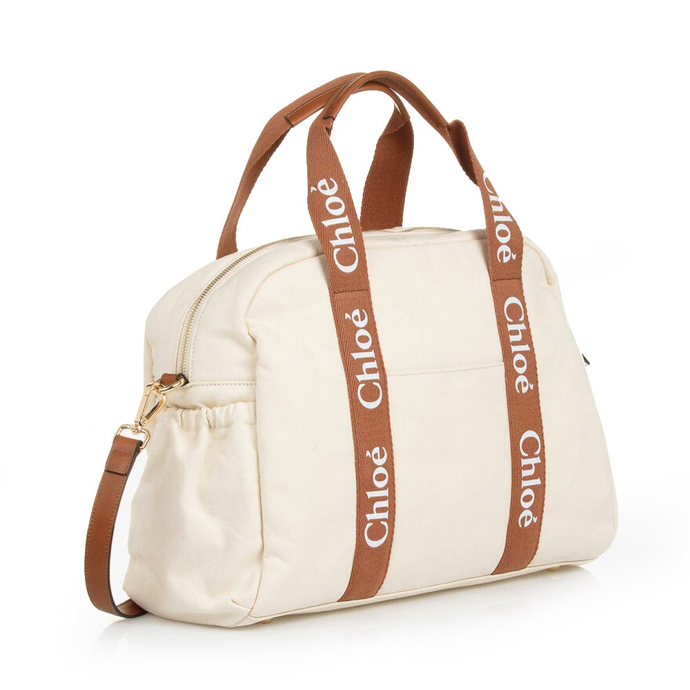 【Chloe’ 蔻依】CHC24SB20190148 經典CHANGING BAG棉帆布牛皮飾邊手提斜肩媽媽包(米白色)