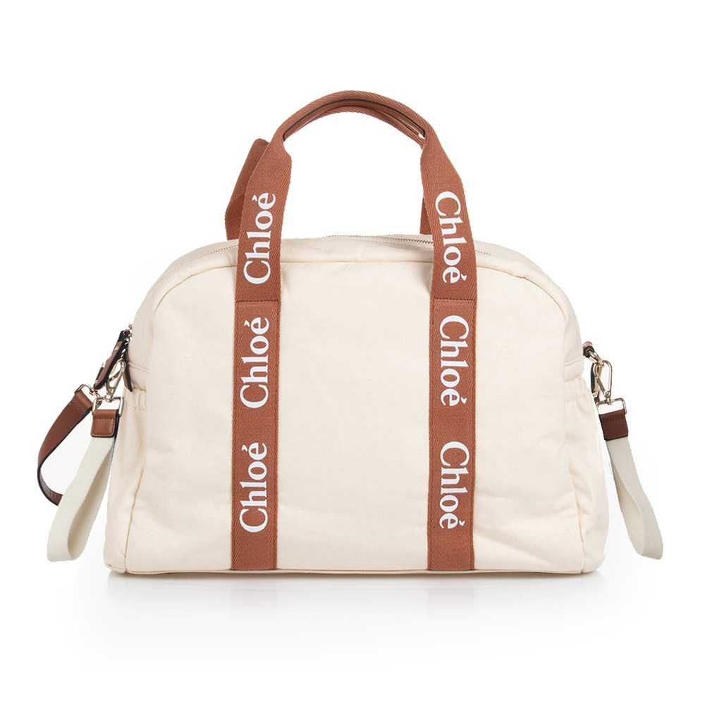 【Chloe’ 蔻依】CHC24SB20190148 經典CHANGING BAG棉帆布牛皮飾邊手提斜肩媽媽包(米白色)