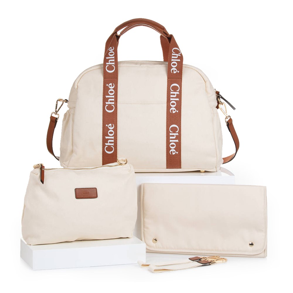 【Chloe’ 蔻依】CHC24SB20190148 經典CHANGING BAG棉帆布牛皮飾邊手提斜肩媽媽包(米白色)