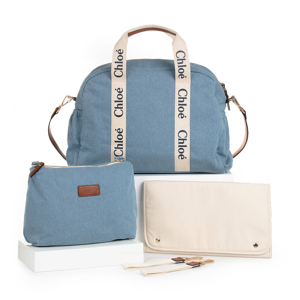 【Chloe’ 蔻依】CHC24SB20191Z10 經典CHANGING BAG棉帆布牛皮飾邊手提斜肩媽媽包(藍色)