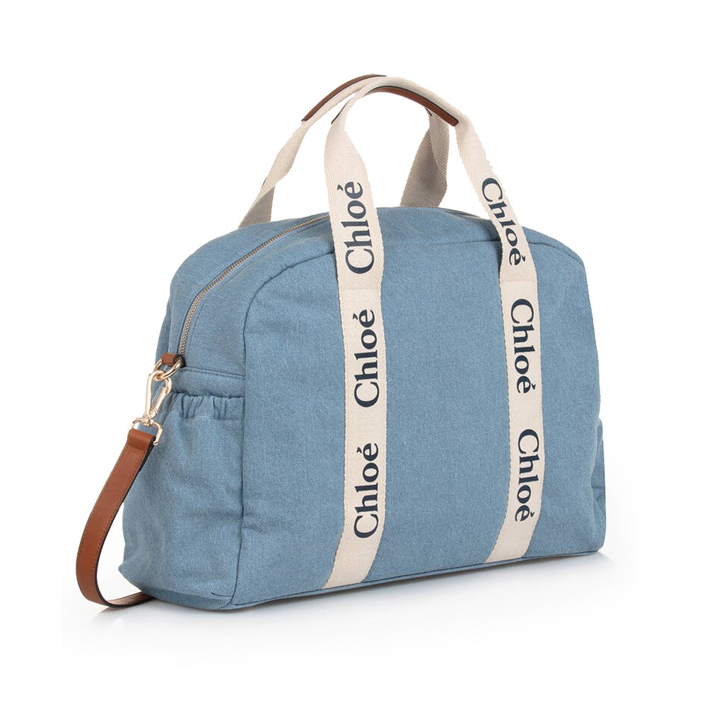 【Chloe’ 蔻依】CHC24SB20191Z10 經典CHANGING BAG棉帆布牛皮飾邊手提斜肩媽媽包(藍色)