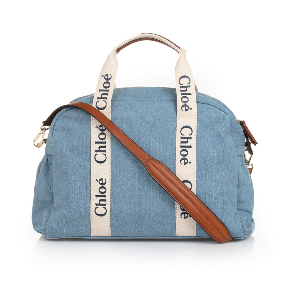 【Chloe’ 蔻依】CHC24SB20191Z10 經典CHANGING BAG棉帆布牛皮飾邊手提斜肩媽媽包(藍色)