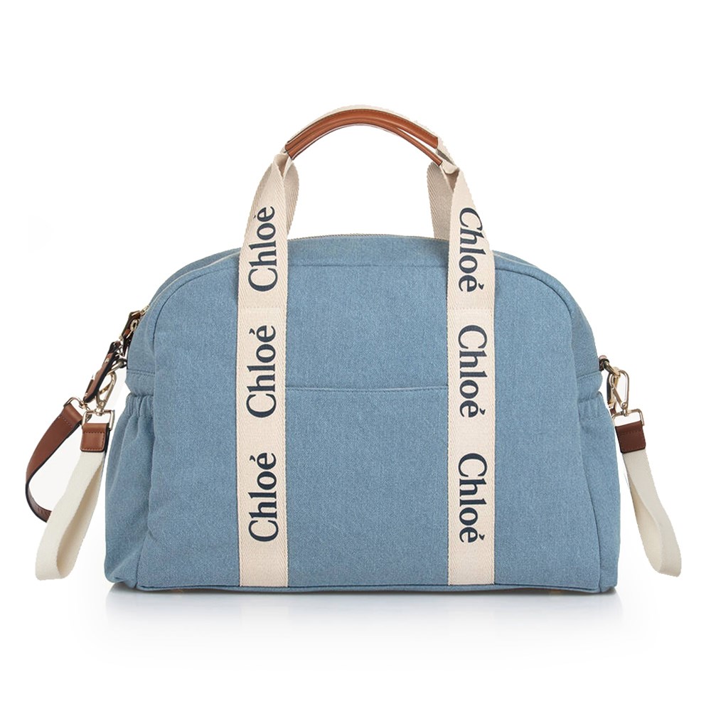 【Chloe’ 蔻依】CHC24SB20191Z10 經典CHANGING BAG棉帆布牛皮飾邊手提斜肩媽媽包(藍色)