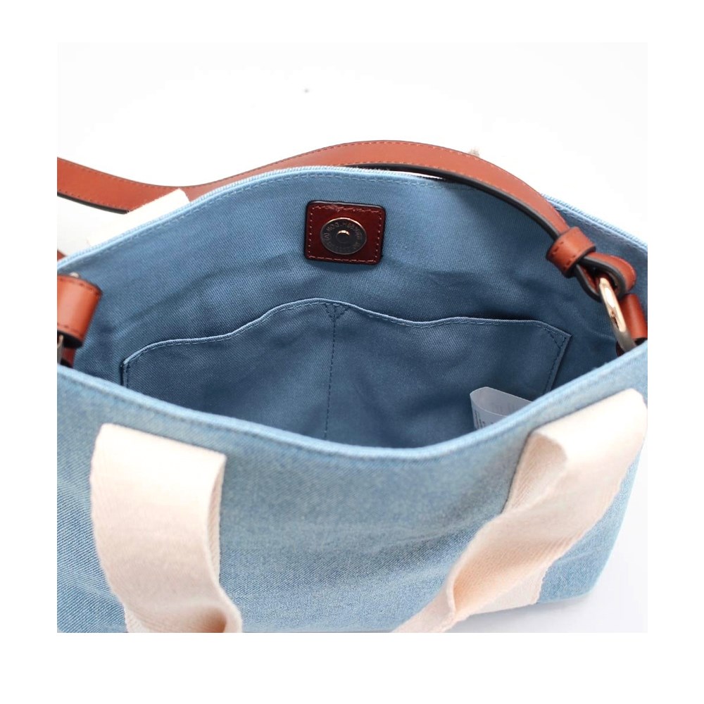 【Chloe’ 蔻依】CHC24SB200046Z10 經典LOGO帆布牛皮飾邊手提斜背包(藍色)